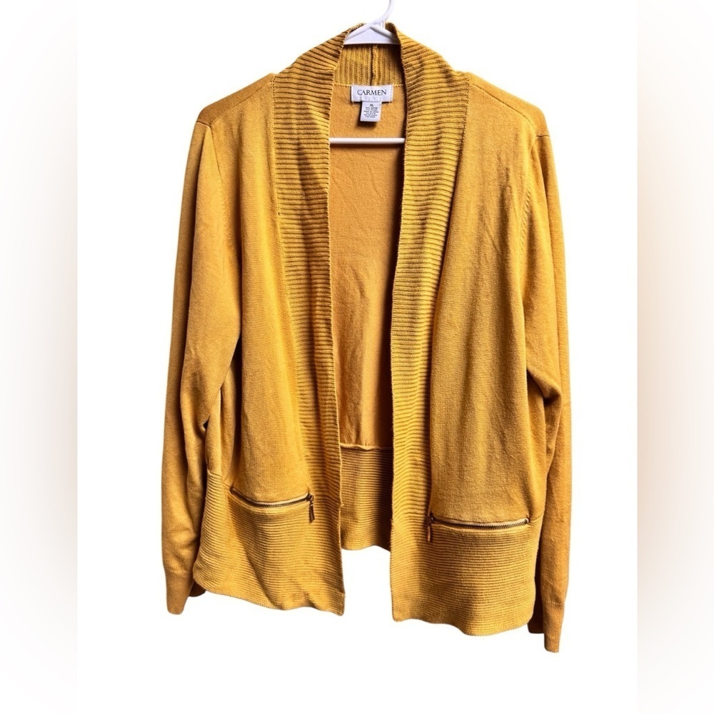 Carmen Mustard Yellow Open Front Cardigan Sweater Women’s XL Long Sleeve Pockets
